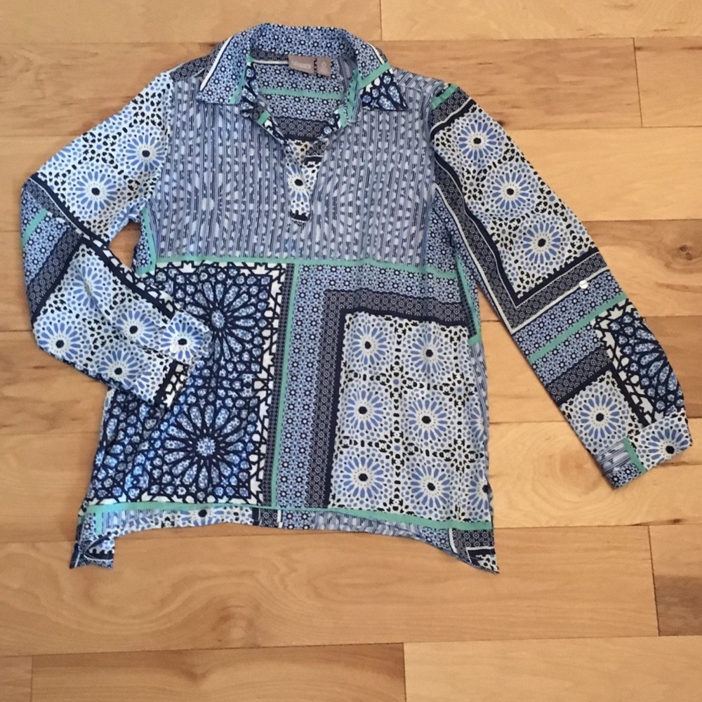 Blue white green patterned dress shirt Chico’s 0